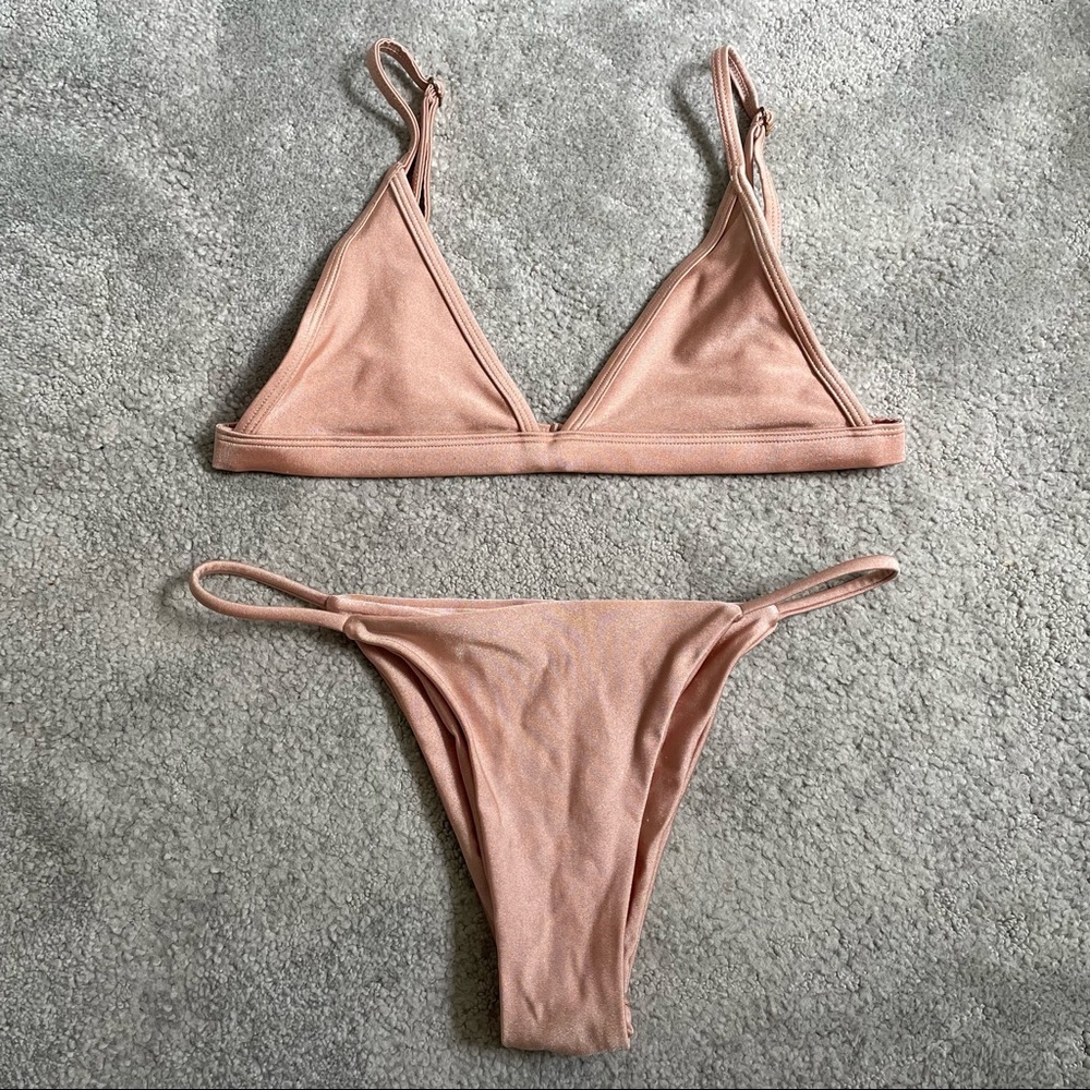 Ohana Swim Shimmer Nude Tan Triangle Hipster Two Piece Bikini Swimsuit Suit Sz S - Picture 3 of 8